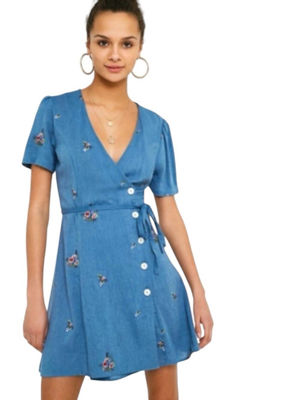Urban Outfitters Blue Embroidered Wrap Mini Dress S Floral Tie Front Boho Chic